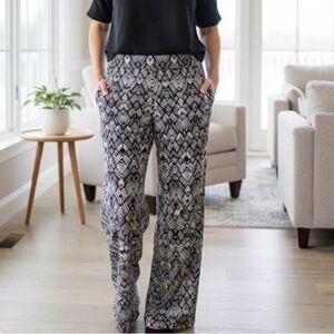 Karen Kane Geometric Print Wide Leg Pants M Black White Art Deco Mod 60s Palazzo